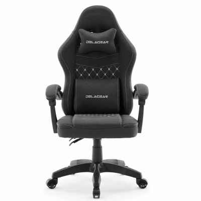 Fotel Gamingowy DELAGEAR G 300 Czarny Materiałowy - widok z przodu z poduszkami