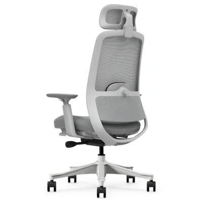 Fotel Ergonomiczny Biurowy ERGONAUT NIMBUS Szary – widok z tyłu pod kątem na lewą stronę białego stelaża.