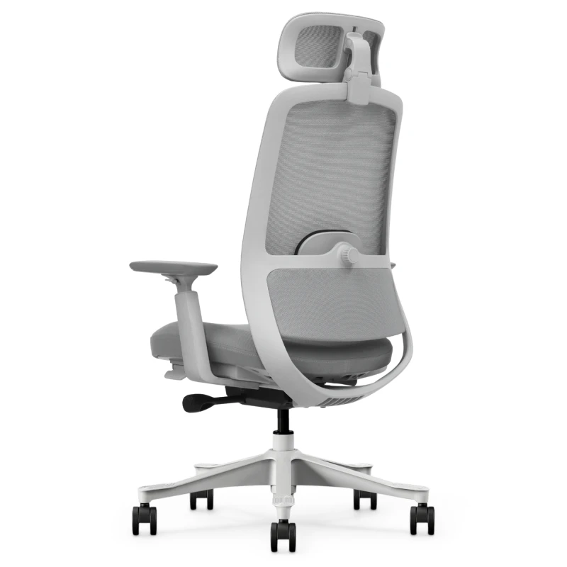 Fotel Ergonomiczny Biurowy ERGONAUT NIMBUS Szary – widok z tyłu pod kątem na lewą stronę białego stelaża.