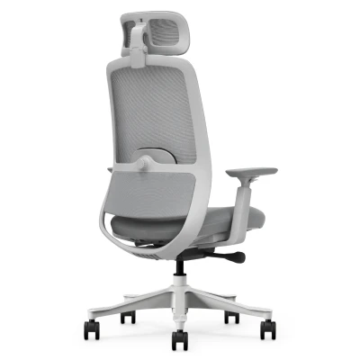 Fotel Ergonomiczny Biurowy ERGONAUT NIMBUS Szary – widok z tyłu pod kątem na prawą stronę białego stelaża.