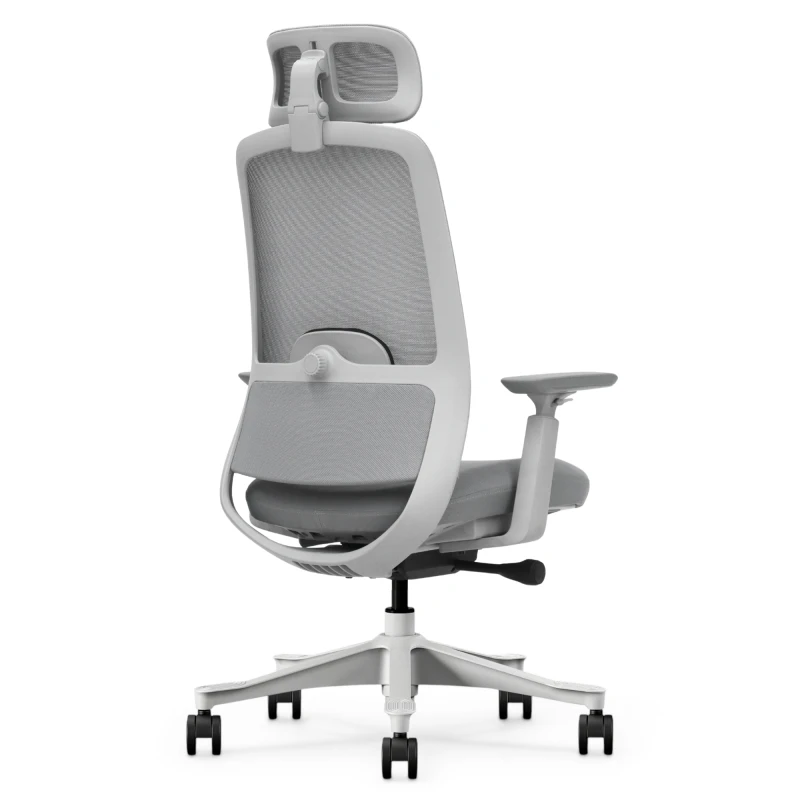 Fotel Ergonomiczny Biurowy ERGONAUT NIMBUS Szary – widok z tyłu pod kątem na prawą stronę białego stelaża.