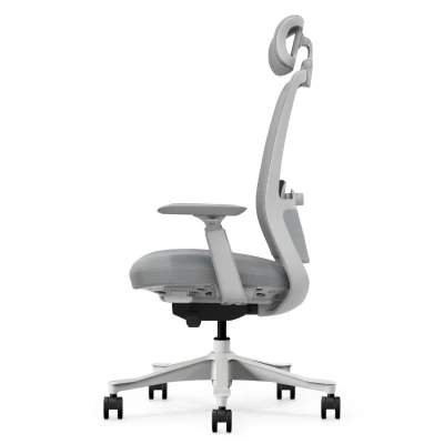 Fotel Ergonomiczny Biurowy ERGONAUT NIMBUS Szary – widok z lewego profilu na profil oparcia i biały stelaż.