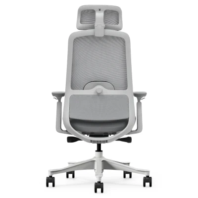 Fotel Ergonomiczny Biurowy ERGONAUT NIMBUS Szary – widok centralnie z tyłu na białą ramę i zagłówek.