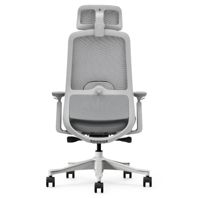 Fotel Ergonomiczny Biurowy ERGONAUT NIMBUS Szary – widok centralnie z tyłu na białą ramę i zagłówek.