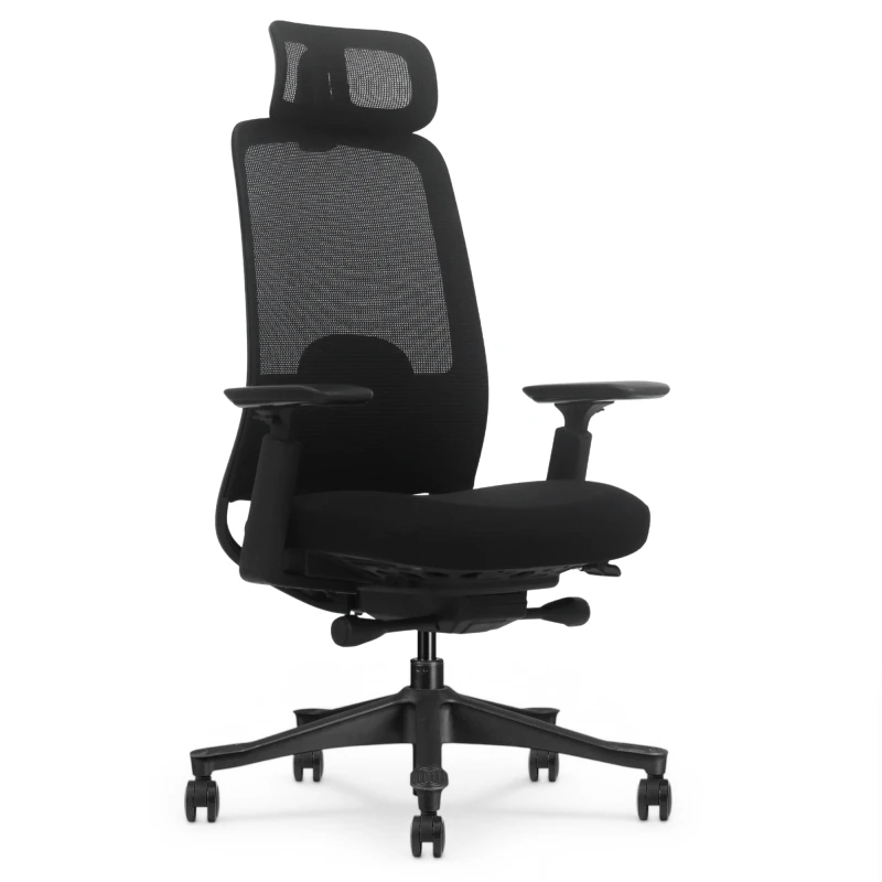 Fotel Ergonomiczny Biurowy ERGONAUT NIMBUS Czarny - widok z prawego półprofilu na siatkowe oparcie i podstawę.