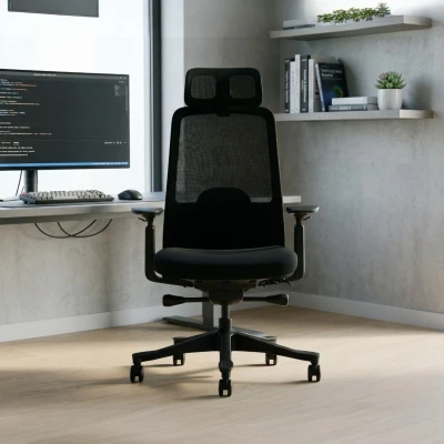 Fotel Ergonomiczny Biurowy ERGONAUT NIMBUS Czarny - widok z przodu w aranżacji biurowej przy biurku.