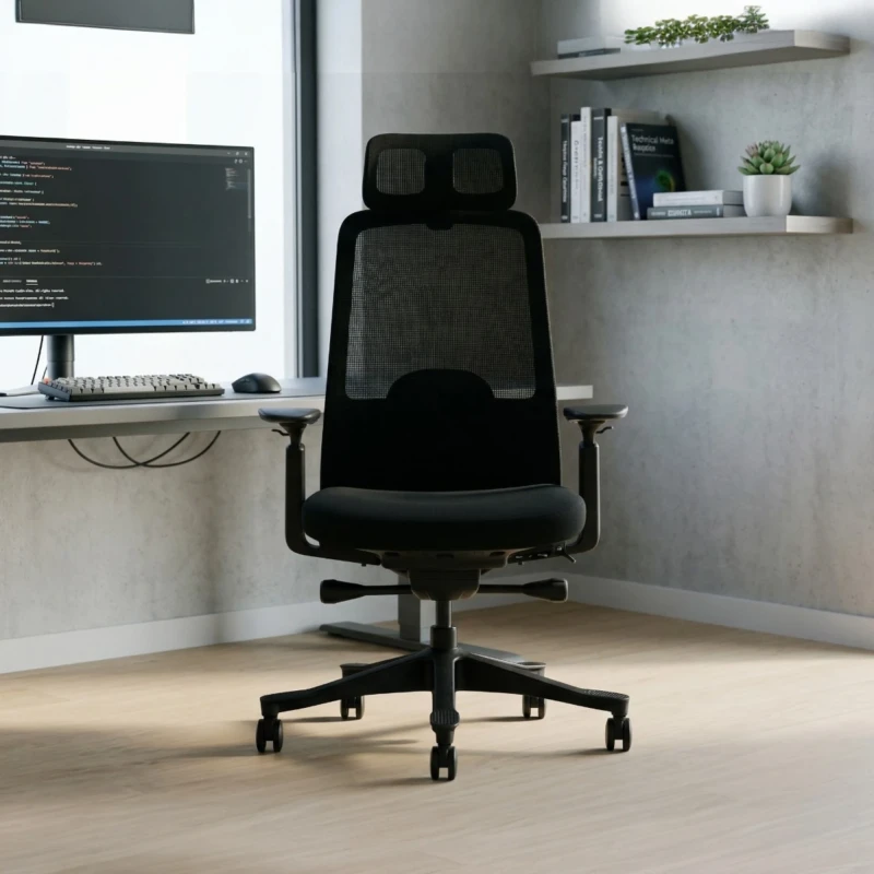 Fotel Ergonomiczny Biurowy ERGONAUT NIMBUS Czarny - widok z przodu w aranżacji biurowej przy biurku.