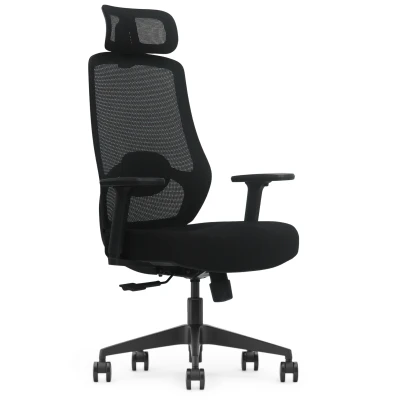 Fotel Ergonomiczny Biurowy ERGONAUT AERO Czarny - widok z lewego półprofilu na siatkowe oparcie i zagłówek