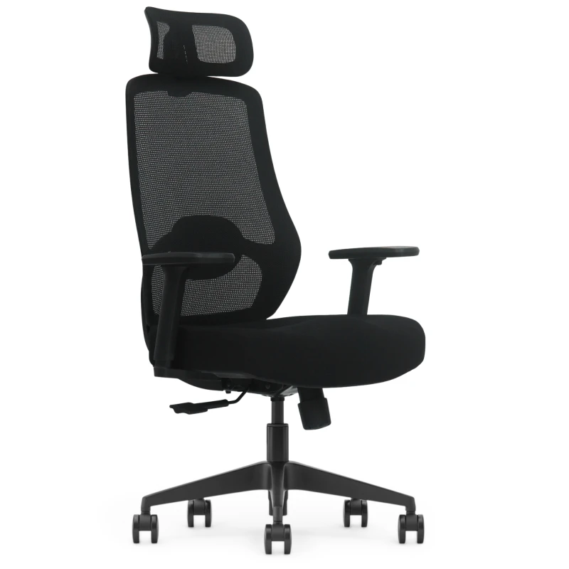 Fotel Ergonomiczny Biurowy ERGONAUT AERO Czarny - widok z lewego półprofilu na siatkowe oparcie i zagłówek
