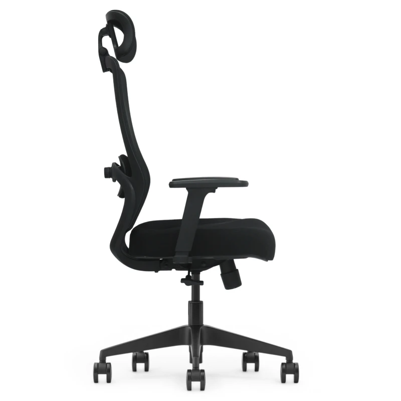 Fotel Ergonomiczny Biurowy ERGONAUT AERO Czarny - profil lewy, widok na ramię podłokietnika i krzywiznę oparcia.