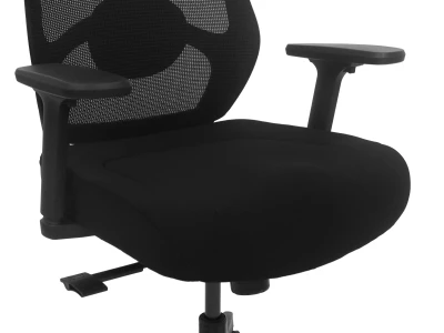 Fotel Ergonomiczny Biurowy ERGONAUT AERO Czarny - zbliżenie na materiałowe siedzisko i lewy podłokietnik.