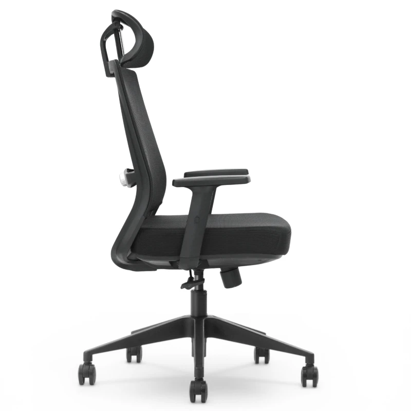 Fotel Ergonomiczny Biurowy ERGONAUT NEST Czarny - prawy profil ukazujący wygięcie oparcia i kształt zagłówka.