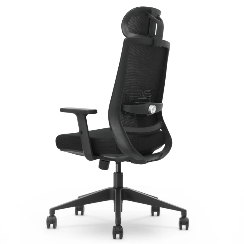 Fotel Ergonomiczny Biurowy ERGONAUT NEST Czarny - ujęcie z tyłu z lewej strony na detale wykończenia i kółka.