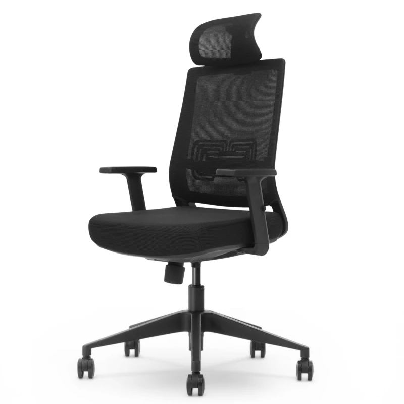 Fotel Ergonomiczny Biurowy ERGONAUT NEST Czarny -widok z przodu z lewej strony na szerokie, czarne siedzisko.
