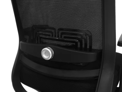 Fotel Ergonomiczny Biurowy ERGONAUT NEST Czarny -zbliżenie na tylny mechanizm regulacji wsparcia lędźwiowego z pokrętłem.