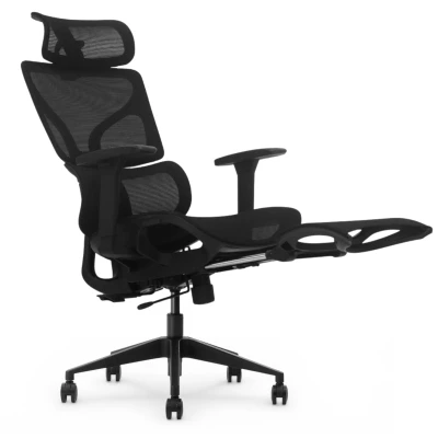 Fotel Ergonomiczny Biurowy ERGONAUT BIONIC AIR FR Czarny - widok z prawego boku z odchylonym oparciem i wysuniętym podnóżkiem.