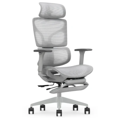 Fotel Ergonomiczny ERGONAUT BIONIC AIR FR Szary ze złożonym podnóżkiem - widok z przodu z prawej strony