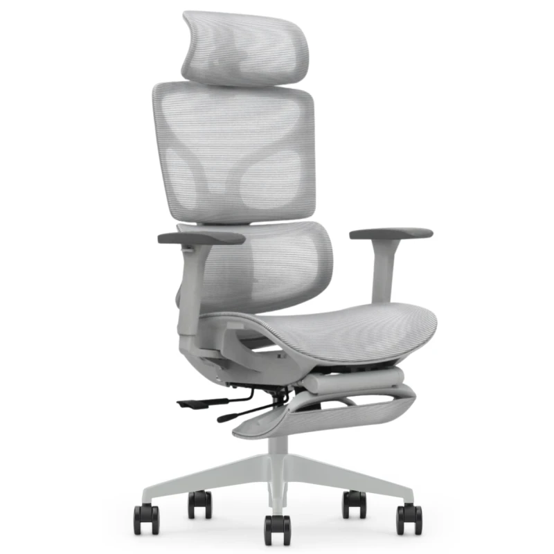 Fotel Ergonomiczny ERGONAUT BIONIC AIR FR Szary ze złożonym podnóżkiem - widok z przodu z prawej strony