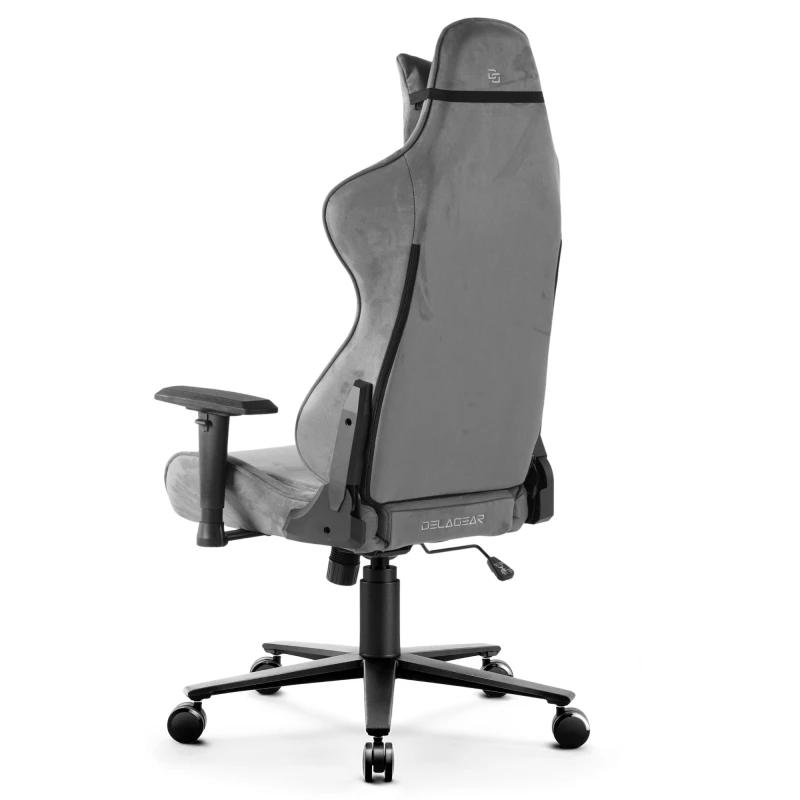 Fotel Gamingowy Delagear G 600 PURE Ciemnoszary Materiałowy - tylny lewy półprofil krzesła na kółkach.