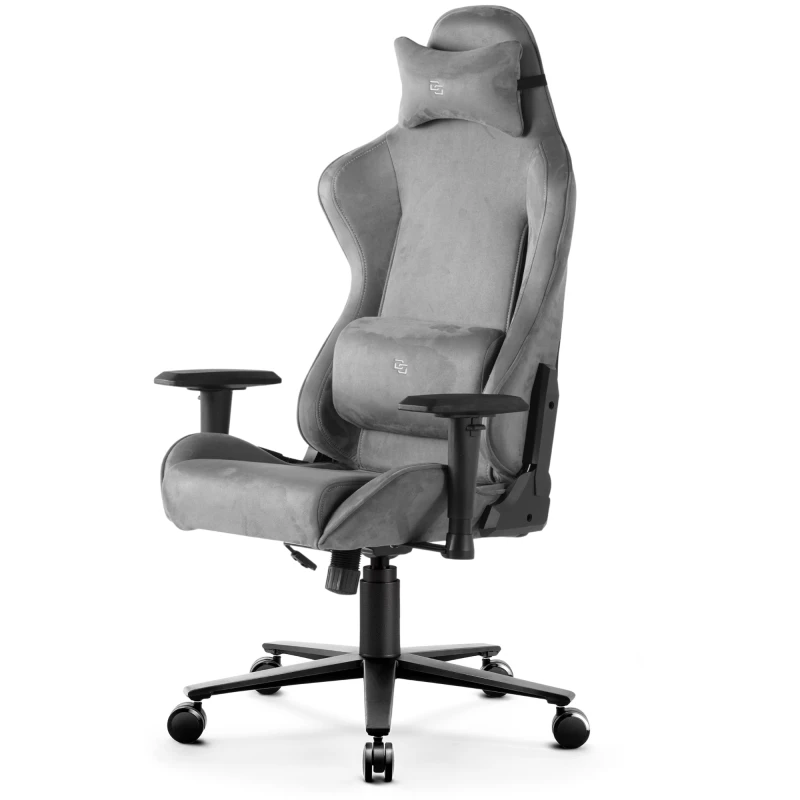 Fotel Gamingowy Delagear G 600 PURE Ciemnoszary Materiałowy - przedni lewy półprofil z widocznymi poduszkami.