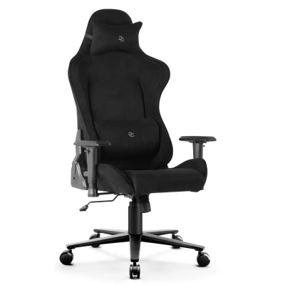 Fotel Gamingowy Delagear G 600 PURE Czarny Materiałowy - widok z przodu pod kątem z poduszkami.
