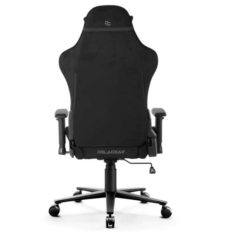 Fotel Gamingowy Delagear G 600 PURE Czarny Materiałowy - widok bezpośrednio z tyłu, haft DELAGEAR.