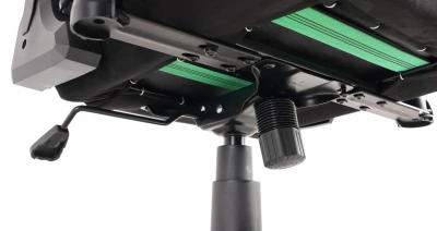 Fotel Gamingowy Delagear G 600 PURE Czarny Materiałowy - widok od spodu na mechanizm, pokrętło i zielone pasy napinające.