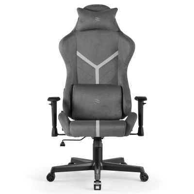 Fotel Gamingowy Delagear G 525 Ciemnoszary Materiałowy – widok z przodu na jasne przeszycia i czarne podłokietniki.