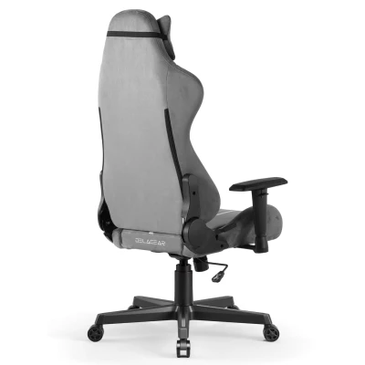 Fotel Gamingowy Delagear G 525 Ciemnoszary Materiałowy – ujęcie z tyłu pod kątem z białym napisem DELAGEAR na dole.