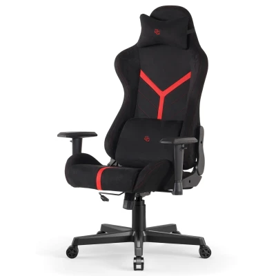 Fotel Gamingowy Delagear G 525 Czarno-czerwony Materiałowy - widok pod kątem z przodu z prawej strony.