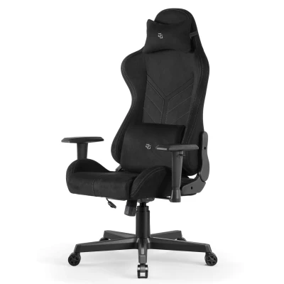 Fotel Gamingowy Delagear G 525 Czarny Materiałowy - lewy półprofil, układ poduszek i podłokietników.