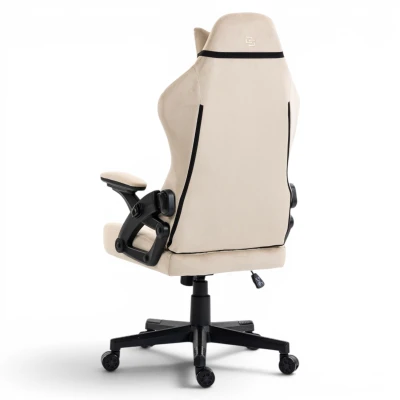 Fotel Gamingowy Delagear G 404 Beżowy Velvet Materiałowy - tylny widok w lewym półprofilu.