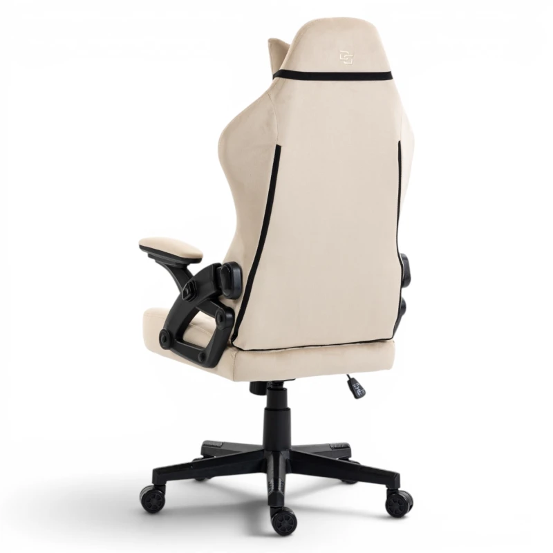 Fotel Gamingowy Delagear G 404 Beżowy Velvet Materiałowy - tylny widok w lewym półprofilu.