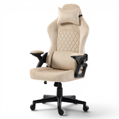 Fotel Gamingowy Delagear G 404 Beżowy Velvet Materiałowy - widok z przodu w prawym półprofilu.