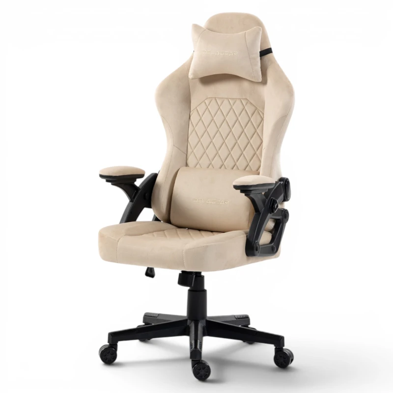 Fotel Gamingowy Delagear G 404 Beżowy Velvet Materiałowy - widok z przodu w prawym półprofilu.