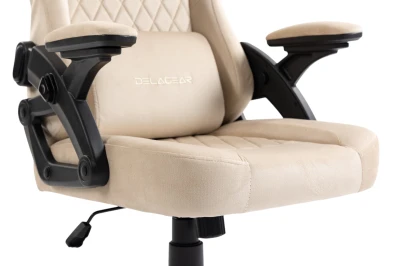 Fotel Gamingowy Delagear G 404 Beżowy Velvet Materiałowy - detal siedziska i bocznego mechanizmu.