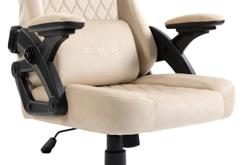 Fotel Gamingowy Delagear G 404 Beżowy Velvet Materiałowy - detal siedziska i bocznego mechanizmu.