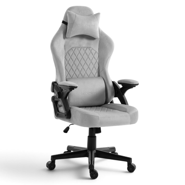 Fotel Gamingowy Delagear G 404 Szary Velvet Materiałowy - widok z przodu w lewym półprofilu.