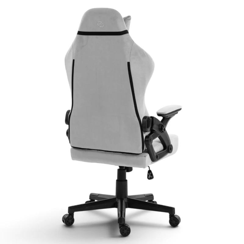 Fotel Gamingowy Delagear G 404 Szary Velvet Materiałowy - widok z tyłu w lewym półprofilu.