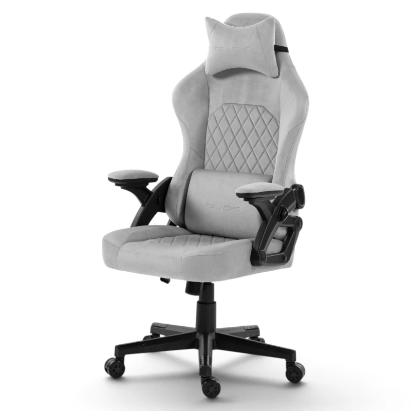 Fotel Gamingowy Delagear G 404 Szary Velvet Materiałowy - prawy półprofil z przodu.