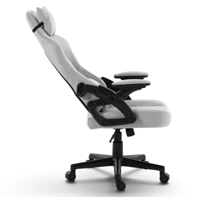 Fotel Gamingowy Delagear G 404 Szary Velvet Materiałowy - profil z odchylonym oparciem.