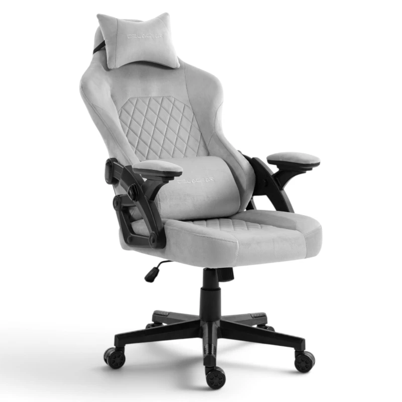 Fotel Gamingowy Delagear G 404 Szary Velvet Materiałowy - widok z przodu z poduszką karkową.