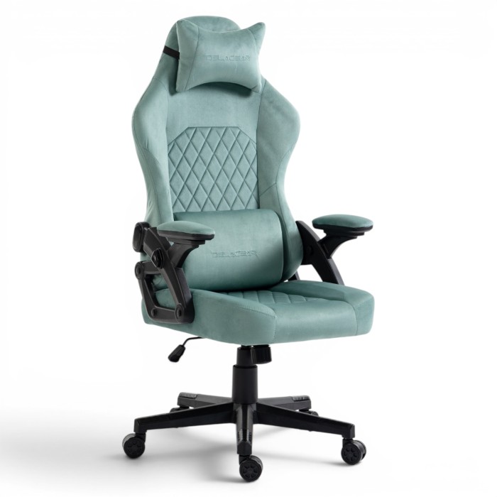 Fotel Gamingowy Delagear G 404 Zielony Velvet Materiałowy - widok z przodu w lewym półprofilu.