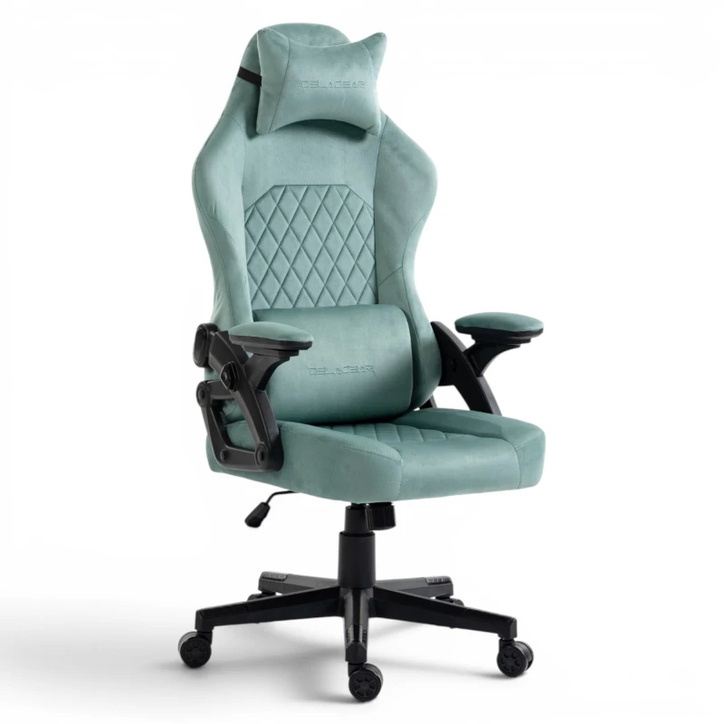 Fotel Gamingowy Delagear G 404 Zielony Velvet Materiałowy - widok z przodu w lewym półprofilu.