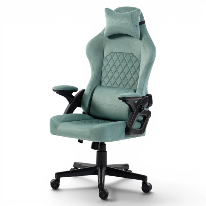 Fotel Gamingowy Delagear G 404 Zielony Velvet Materiałowy - prawy półprofil z przodu.