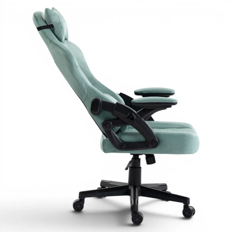 Fotel Gamingowy Delagear G 404 Zielony Velvet Materiałowy - profil z odchylonym oparciem.