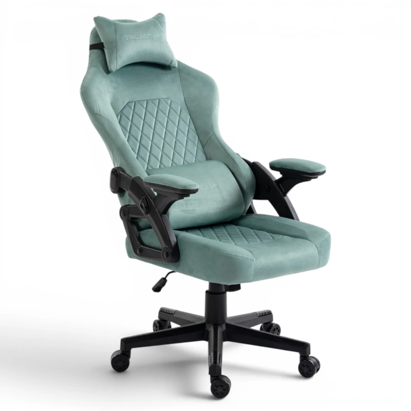 Fotel Gamingowy Delagear G 404 Zielony Velvet Materiałowy - widok z przodu z poduszką karkową.