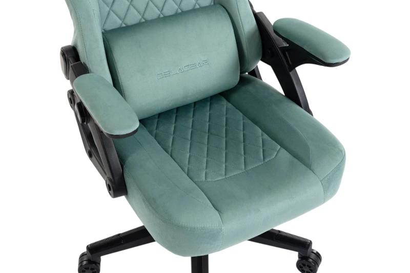Fotel Gamingowy Delagear G 404 Zielony Velvet Materiałowy - detal siedziska i podłokietników.