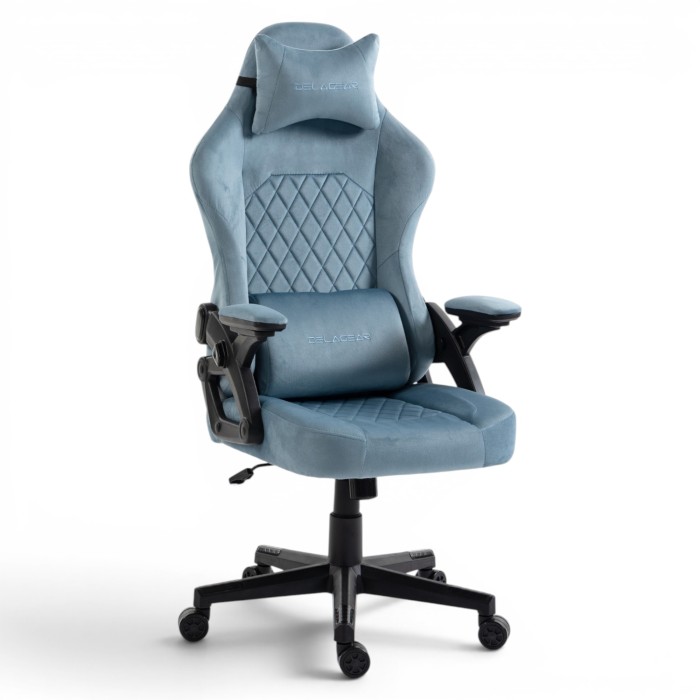 Fotel Gamingowy Delagear G 404 Niebieski Velvet Materiałowy - widok z przodu w lewym półprofilu.