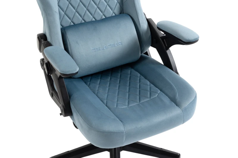 Fotel Gamingowy Delagear G 404 Niebieski Velvet Materiałowy - detal siedziska i podłokietników.